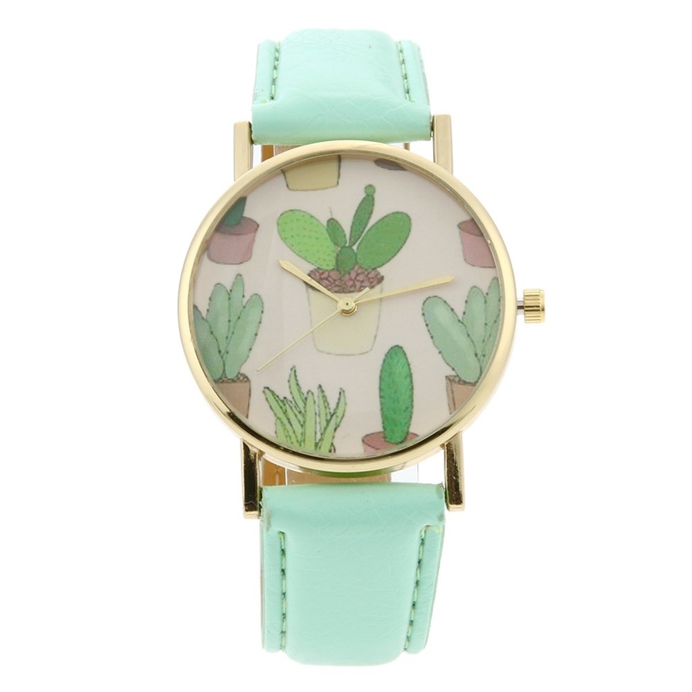 Mint Green Cactus Plant Faux Leather Analog Watch
